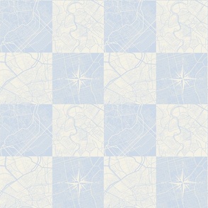 Light Blue and Cream Map in Checkerboard meets Chinoise Toile Style