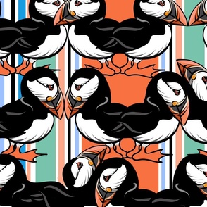 Cuddlin Puffins -  On Colorful Stripes - Large