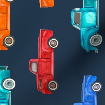 Large Scale Rotated Colorful Vintage Trucks on Navy
