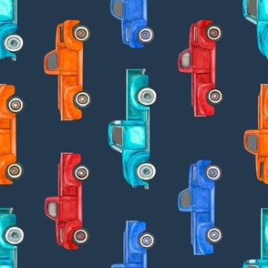 Large Scale Rotated Colorful Vintage Trucks on Navy