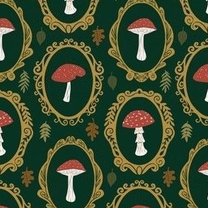 Toadstool Mushrooms in Vintage Oval Frames-Dark Green