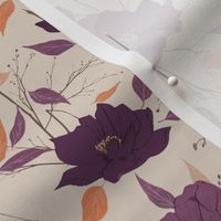 Eggplant and cream Floral Aubergine Cream Brown Loose Floral Peony Roses Leaves and Branches 