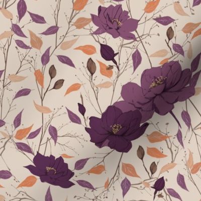 Eggplant and cream Floral Aubergine Cream Brown Loose Floral Peony Roses Leaves and Branches 