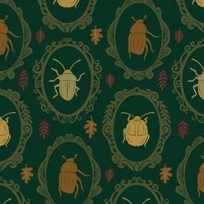 Forest Beetles in Vintage Oval Frames-Dark Green