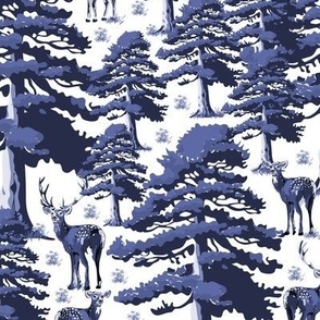Blue and White Woodland Toile Animals Wallpaper in Modern Vintage Deer Forest Setting, Wild Stag, Baby Fawn and Doe, Pine Trees (Medium Scale)