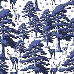 Modern Blue and White Vintage Woodland Toile Animals Wallpaper, Deer Forest Setting, Wild Stag, Baby Fawn and Doe, Pine Trees (Small Scale)