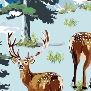 Woodland Deer Wild Animal Mountain Landscape, Pine Tree Forest Vintage Illustration (Medium Scale)