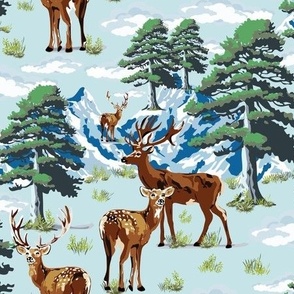 Wild Woodland Forest Deer Mountain Landscape,  Scenic Pine Tree Vintage Illustration on Blue Green (Small Scale)