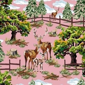 Green and Pink Vintage Woodland Deer Scene, Retro Forest Animal Decor, Evergreen Pine Trees, Stag, Doe and Fawn (Small Scale)