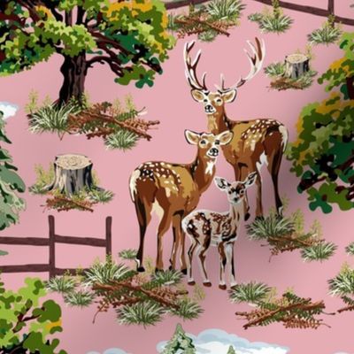 Woodland Animal Deer Forest, Vintage Illustration Pink and Green Retro Decor, Evergreen Forest Pine Trees, Stag, Doe and Fawn (Medium Scale)