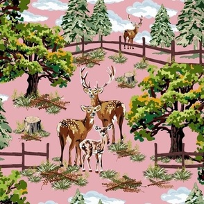 Woodland Animal Deer Forest, Vintage Illustration Pink and Green Retro Decor, Evergreen Forest Pine Trees, Stag, Doe and Fawn (Medium Scale)