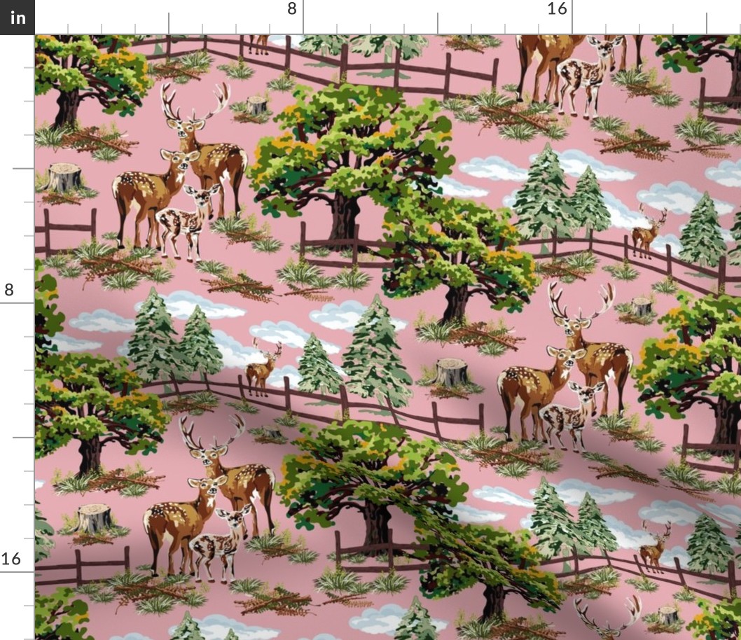 Woodland Animal Deer Forest, Vintage Illustration Pink and Green Retro Decor, Evergreen Forest Pine Trees, Stag, Doe and Fawn (Medium Scale)