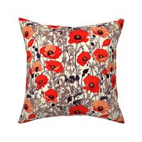 Lemon Cream Background with Red Poppies, Grey Black