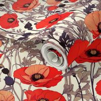 Lemon Cream Background with Red Poppies, Grey Black