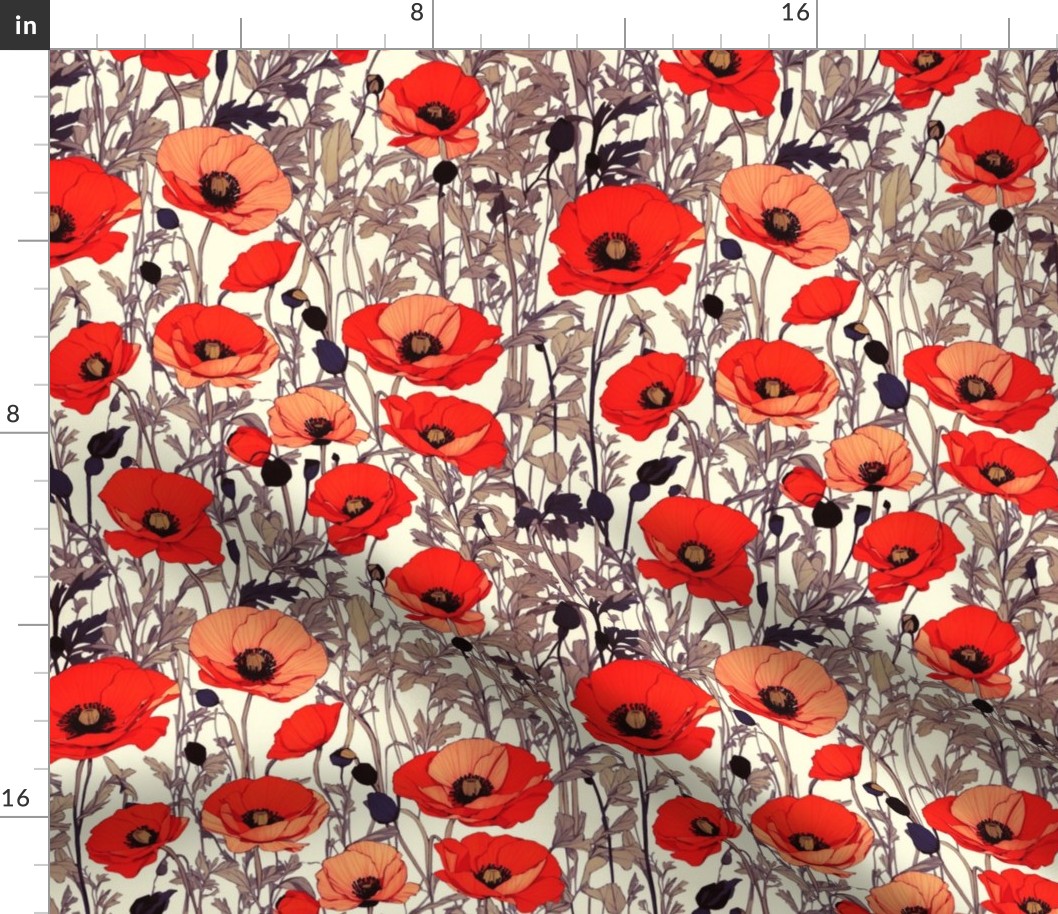 Lemon Cream Background with Red Poppies, Grey Black