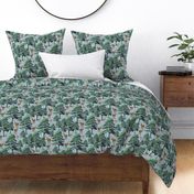 Rustic Woodland Forest Wild Animals Grazing, Deer Stag Doe Baby Fawn Scene, Green Trees on Blue (Medium Scale)