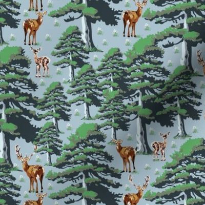 Woodland Forest Animals, Gazing Wild Deer, Stag Doe Baby Fawn, Green Trees on Blue (Small Scale)