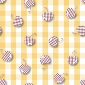 retro quaint checkered cherry polka dot on plaid - butter yellow and lilac mauve