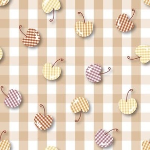 retro quaint checkered cherry polka dot on plaid - buff tan brown, mauve, butter yellow,  ginger, marigold