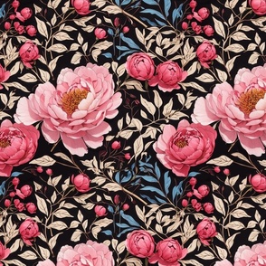 Rich Pink Peony Floral on Black with teal and brown gold accents