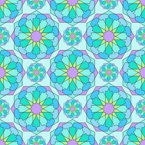 Mediterranean Sea-Reduced size, Moroccan geometric design, allover pattern, aqua, turquoise, blue, lavender and lime.