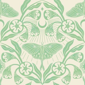 Luna Moth and Moonflowers - Green and Cream