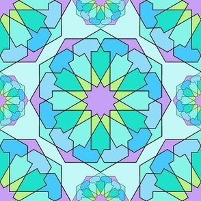 Mediterranean Sea-Moroccan geometric design, allover pattern, aqua, turquoise, blue, lavender and lime.