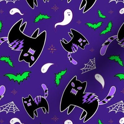 Halloween Angry Cats on dark purple 