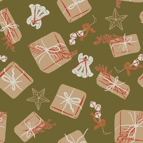 Rustic Christmas Presents, Bells, Crochet Angels, and Stars Toss - Green