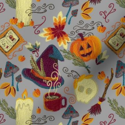 cozy boho vintage witchery Halloween on dark grey background