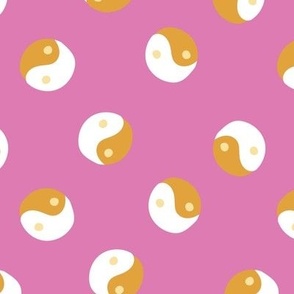 bubblegum pink and marigold orange freehand yin yang polka dot