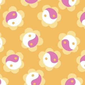 retro flower power yin yang - marigold orange bubblegum pink and butter yellow