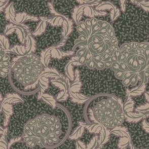 Moody William Morris inspired acanthus leaves swirling around bunches of tiny tulip like flowers on 