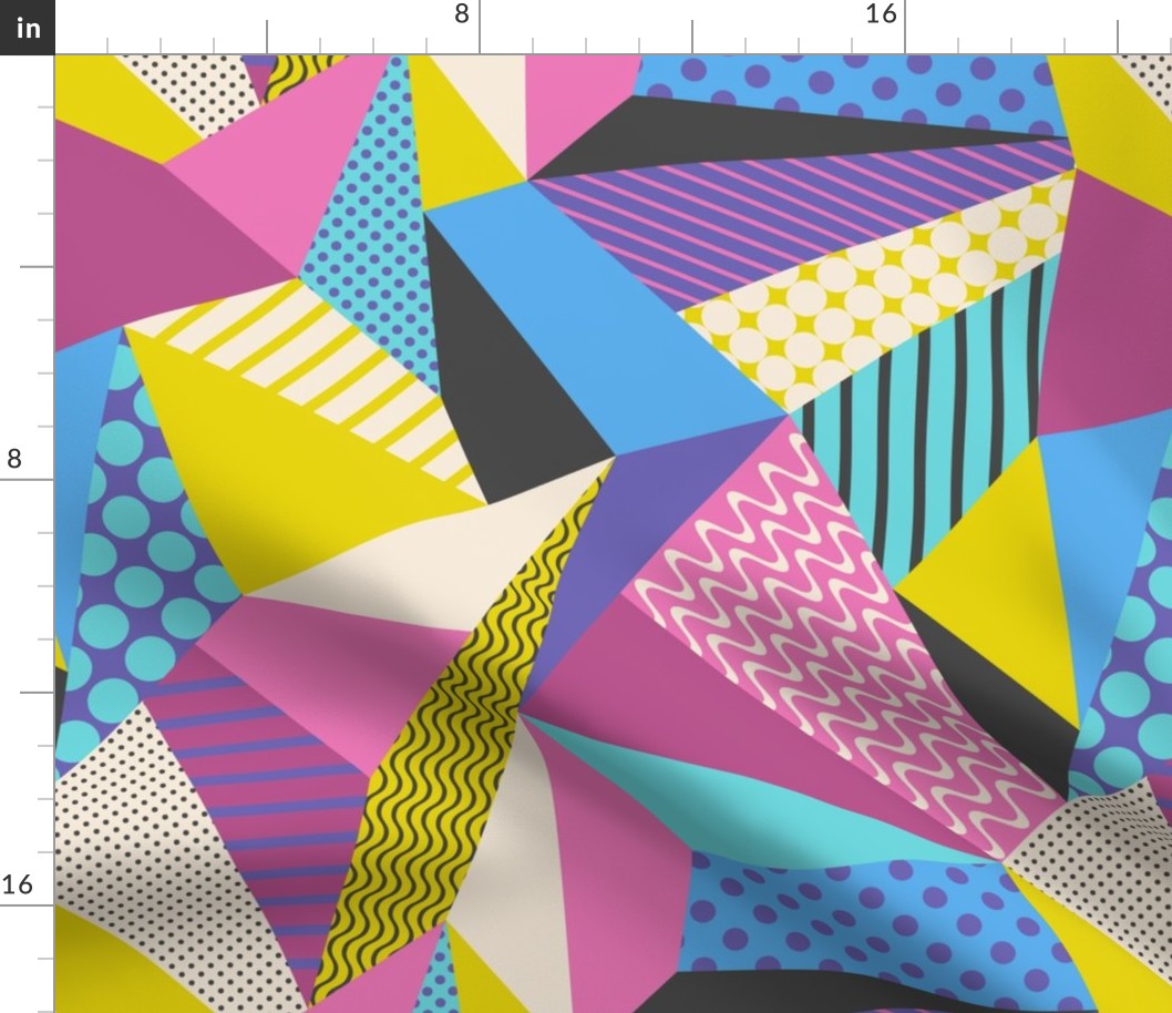 Polygonal patchwork in Memphis style. Vibrant and Retro Design.