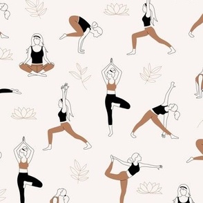 Yoga girls and pilates poses healthy life theme with lotus flowers and leaves black burnt orange brown on ivory seventies vintage palette