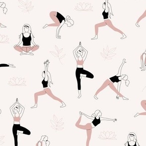 Yoga girls and pilates poses healthy life theme with lotus flowers and leaves black soft blush moody pink on ivory seventies vintage palette