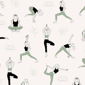 Yoga girls and pilates poses healthy life theme with lotus flowers and leaves black sage green on ivory seventies vintage palette
