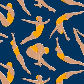 Large - Mid Mod Divers - yellow swimsuits on dark blue - women diving swimmers swimming sea summer sacation pool sport sports splash athletic swim water beach nautical coastal lake life