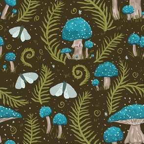12x12 Blue Mushrooms, Ferns, and Blue Moths on Dark Green Background