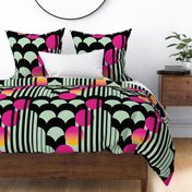 Modern geometric shapes in black and mint with yellow and pink ombre circles