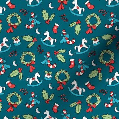 Cutesy Christmas retro wreath mistletoe candy cane pudding moon rocking horse and stockings seasonal ornaments and icons red blue mint green on teal