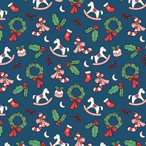 Cutesy Christmas retro wreath mistletoe candy cane pudding moon rocking horse and stockings seasonal ornaments and icons blush red green on navy blue