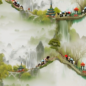 chinese pattern,  rain, excursion, people, mural