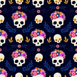 Funny skulls with floral wreath