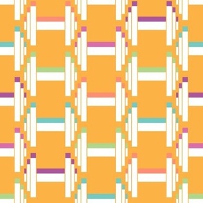 colorful geometric shapes pattern, fun dumbbell texture, warm yellow. MOVE collection