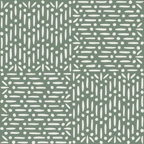Granary Check, white on sage green (Large) – textural marks with lines and dots