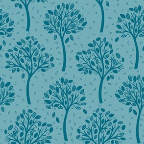 Wildwood, teal cyan on aqua (Medium) – autumnal woodland trees with fall leaves