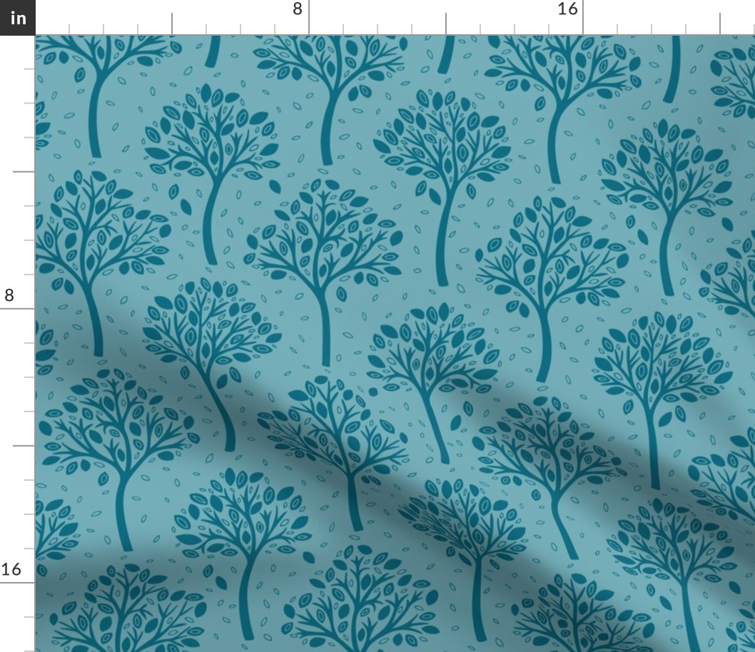 Wildwood, teal cyan on aqua (Medium) – autumnal woodland trees with fall leaves