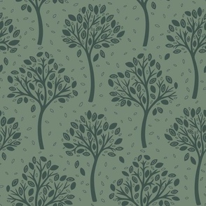 Wildwood, forest green on sage (Medium) – autumnal woodland trees with fall leaves