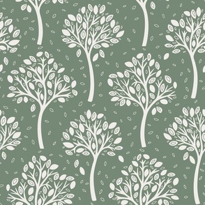 Wildwood, white on sage green (Medium) – autumnal woodland trees with fall leaves